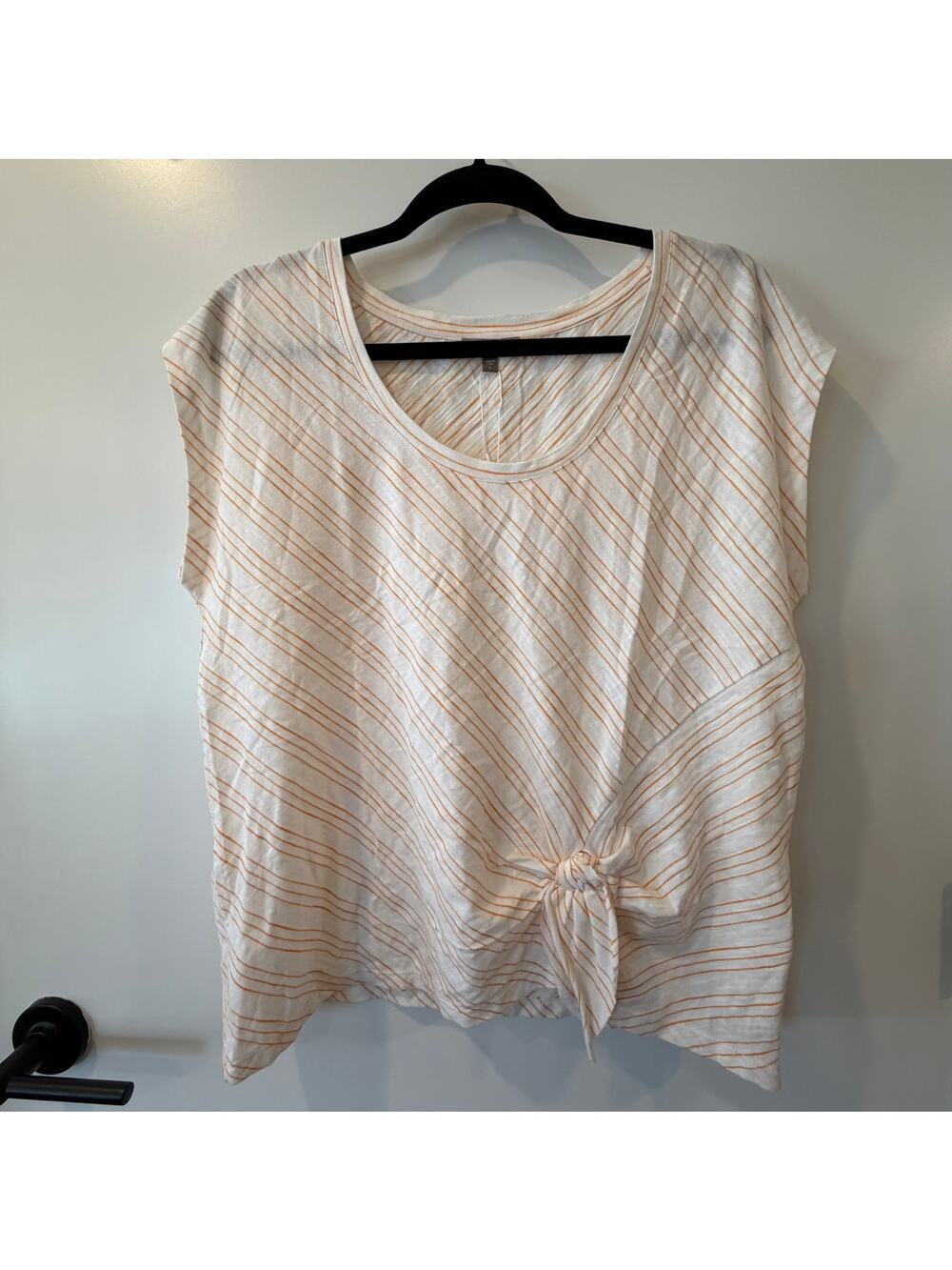 Lilla P Capped Sleeve Tee Faux Wrap Orange Striped Womens Large NWT Slimming